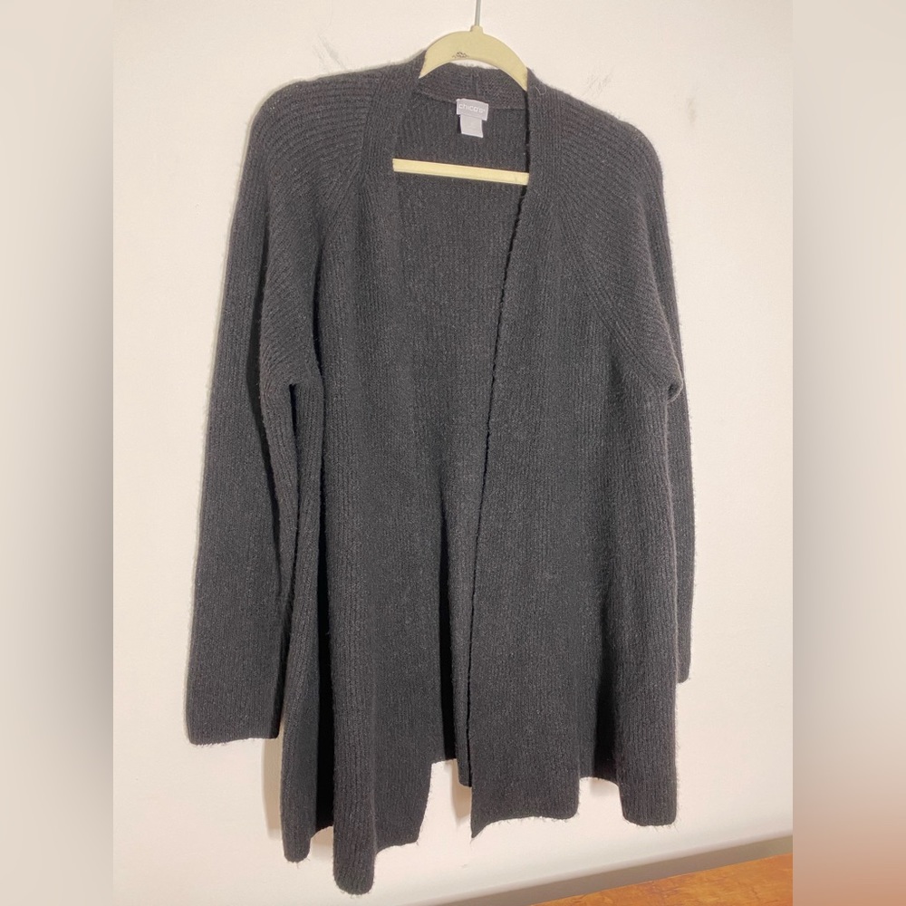 Chicos Size Large/ 2 Solid Black Fuzzy Long Sleeve Open Front Sweater Cardigan